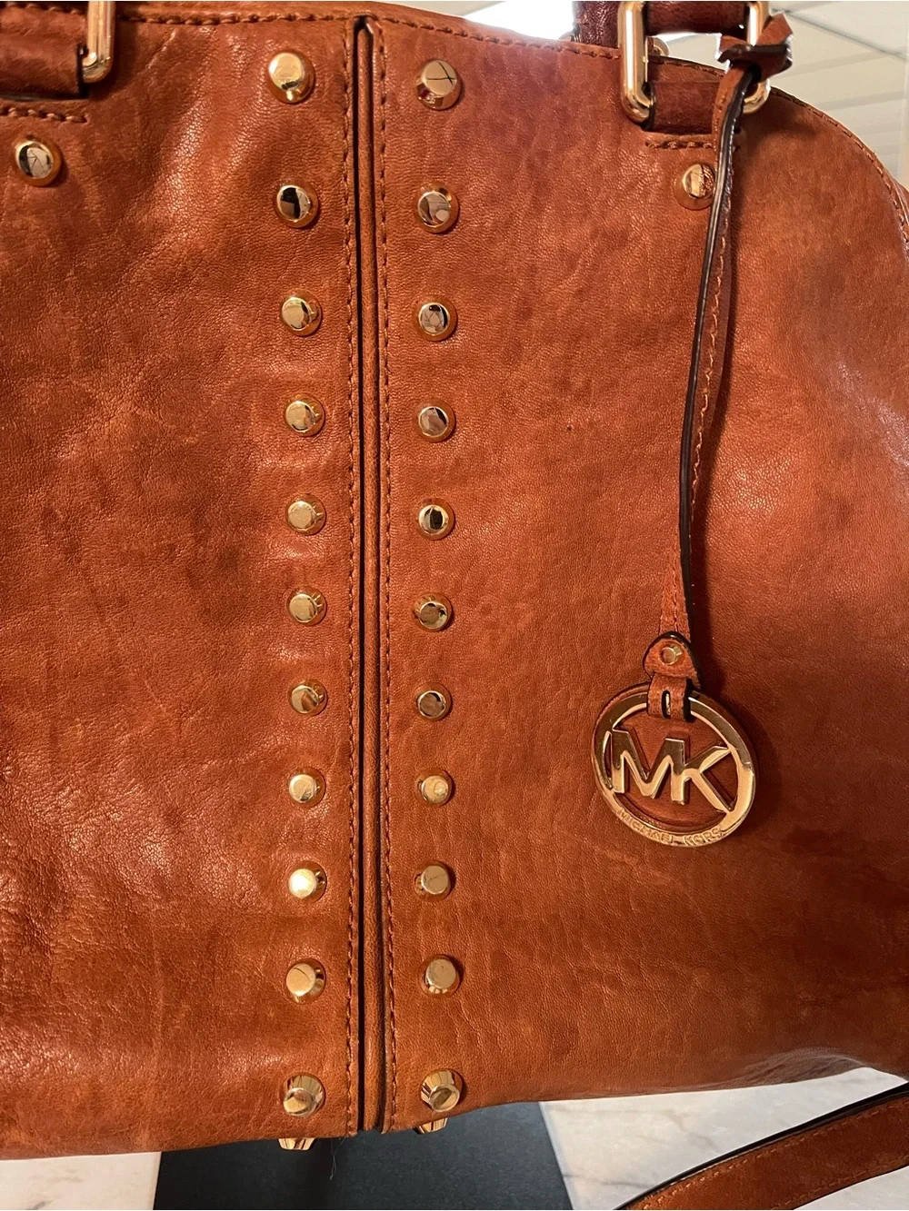 Michael Kors Cognac Leather Studded Shoulder Satchel